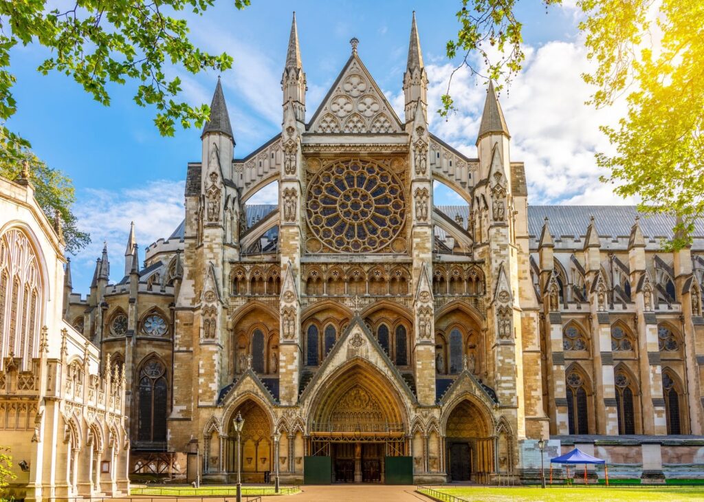 North front of Westminster Abbey with its rose window, London
