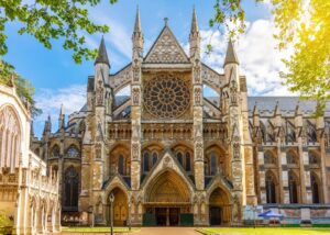 North front of Westminster Abbey with its rose window, London
